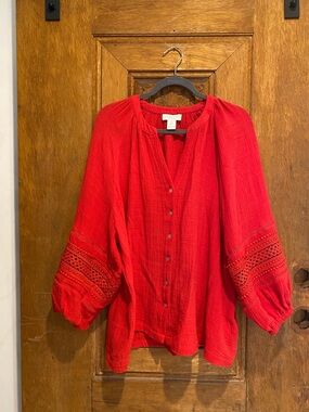 Calypso St. Barth Red cotton Gauze Button down Peasant Blouse mother of pearl 1x